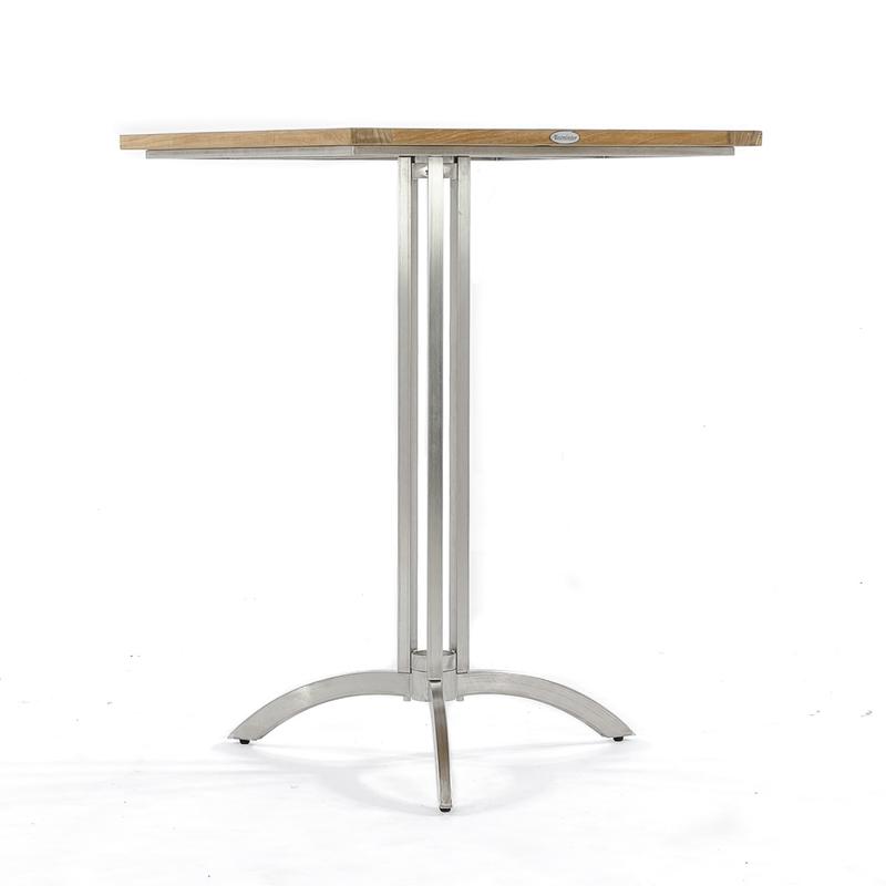 alt="70638 Vogue teak and stainless steel 36 inch square bar table side view on white background"