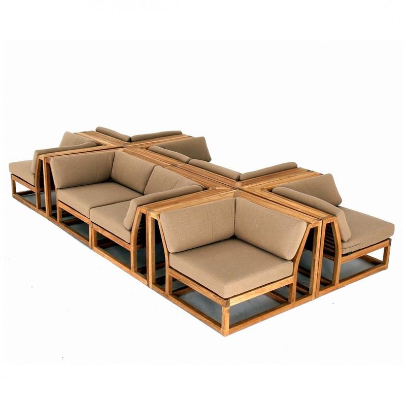 alt="70280 Maya 8 pc Sectional Set of 8 Maya corner sectional teak frame and cushions in aerial view on white background"