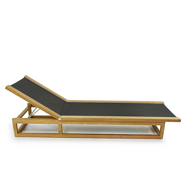 alt="16771 Maya teak Chaise Lounger in black Textilene mesh fabric side view on white background"