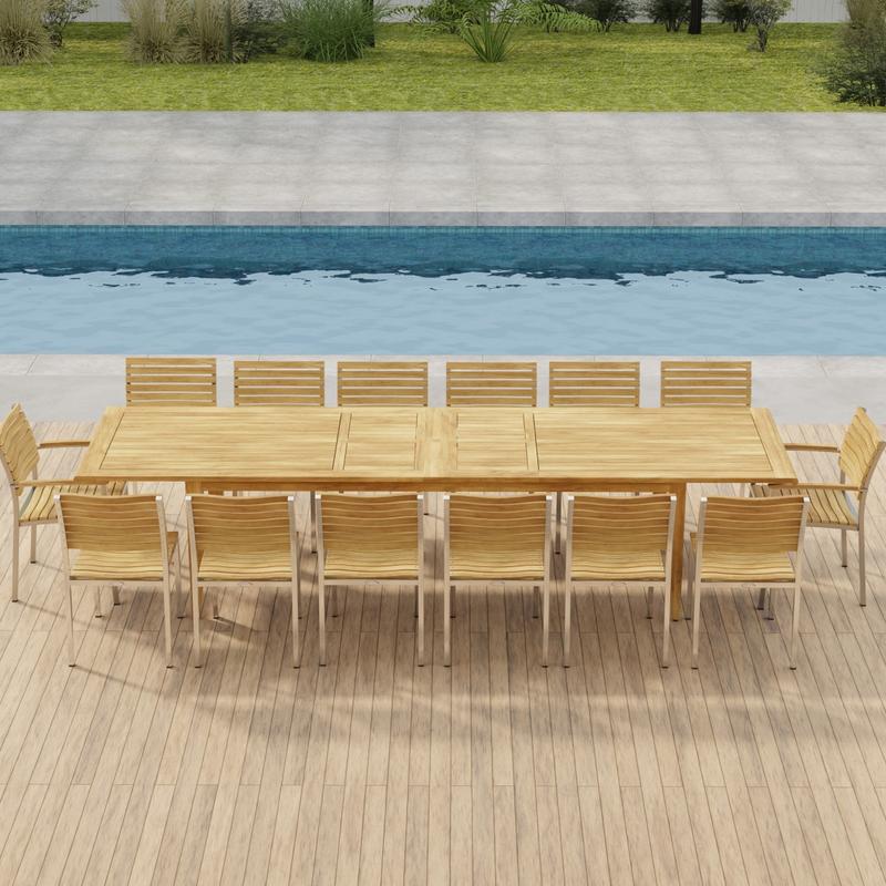 alt="70352 Laguna Vogue 15 piece teak Dining Set of 14 dining armchair and rectangular 11 foot extendable dining table in aerial side view on pavers with pool in background"