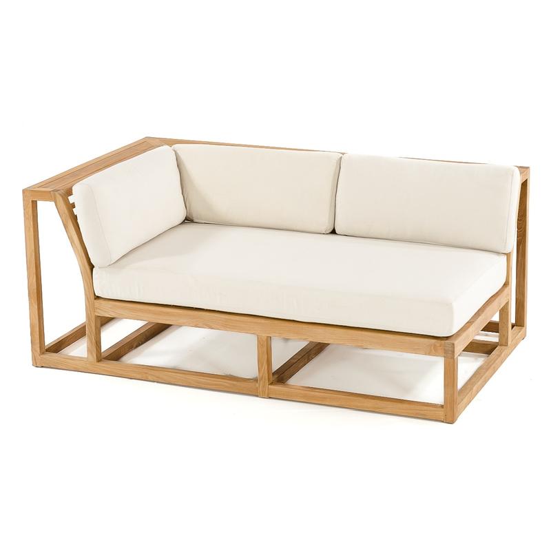 alt="13800 Maya Right Side Teak Frame with cushions in angled front aerial view on white background"