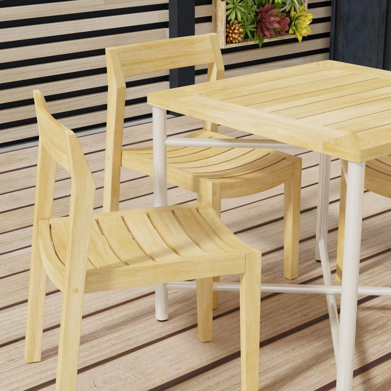 alt="70596 Odyssey Horizon Teak and 316L Stainless Steel Dining Set in partial angled corner view on wood deck with privacy wall with succulents in the background"