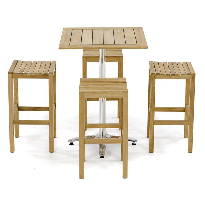 alt="70705 Somerset 5 piece Pub Table and Barstools Set of 4 Somerset Backless Barstools and Vogue 30 inch square teak table on white background"