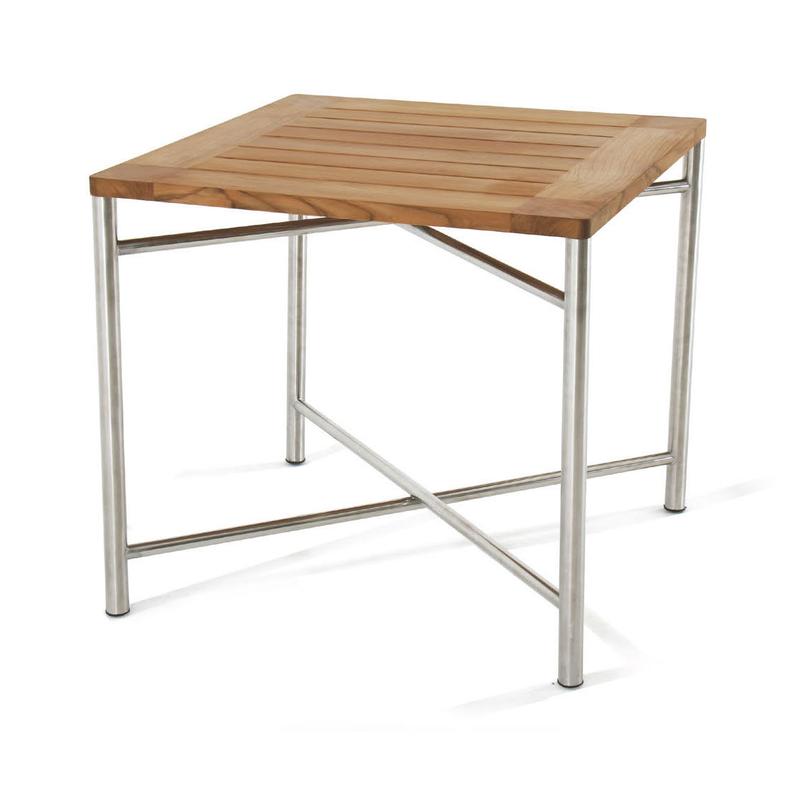alt="25815 Odyssey teak and stainless steel folding dining table angled side view on white background"