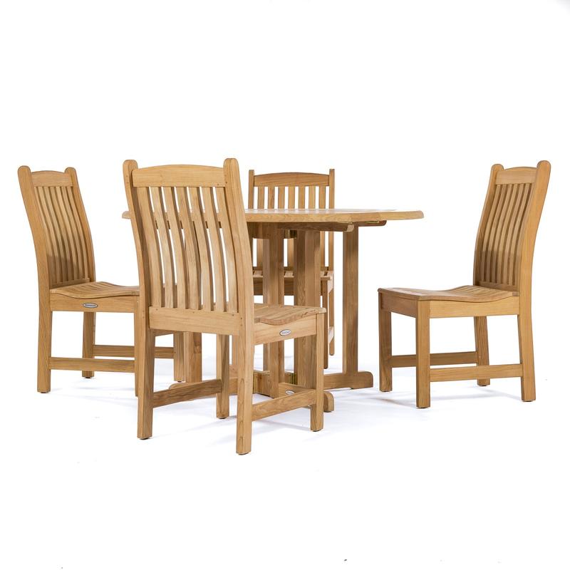 alt="11315 Veranda Teak Side Chair showing 4 around 4 foot folding table on white background"