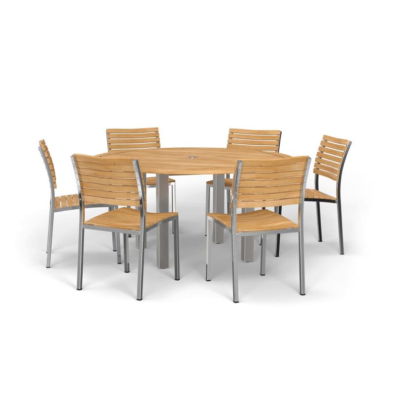 alt="70439 Vogue Dining Set for 6 of Vogue Teak and Stainless Steel 60 inch Round Dining Table and 6 Vogue Side Dining Chairs angled side view on white background"