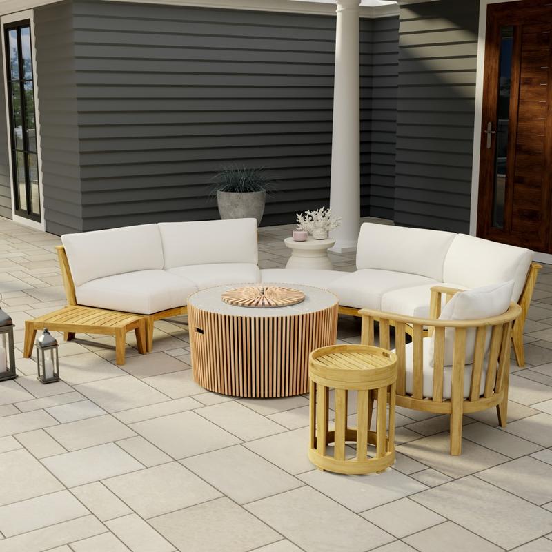 alt="70180 Kafelonia  7 pc Lounge Sofa Set in side angled view on patio with potted plant and house door and window in background"