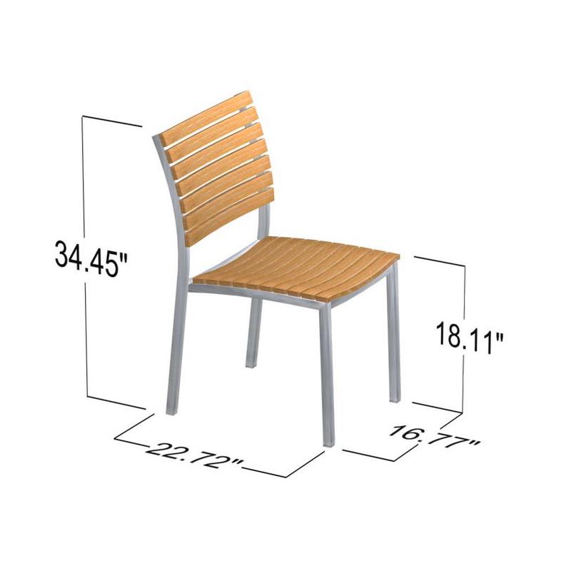 alt="21007 Vogue teak and stainless steel Side Chair left side view showing autocad of angled right side view on white background"