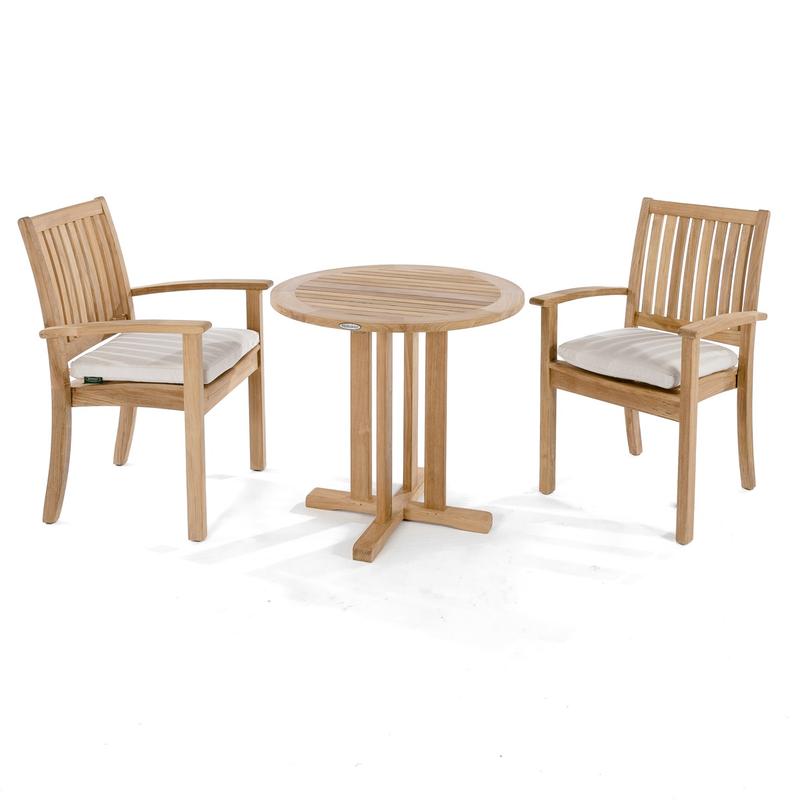 alt="70296 Sussex 3 piece Teak Bistro Set of 2 teak dining armchairs with optional seat cushions and round 30 inch diameter dining table  side angled on white background"