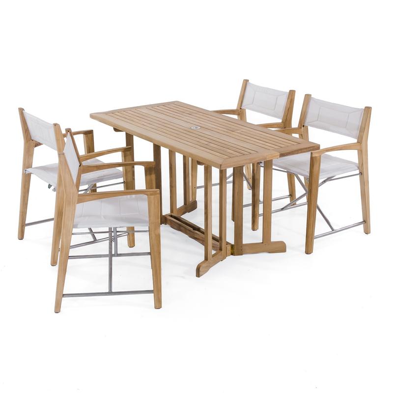 alt="70476 Odyssey 5 piece Outdoor Dining Set of 4 folding director chairs and 5 foot rectangular teak dining table in angled view on white background"