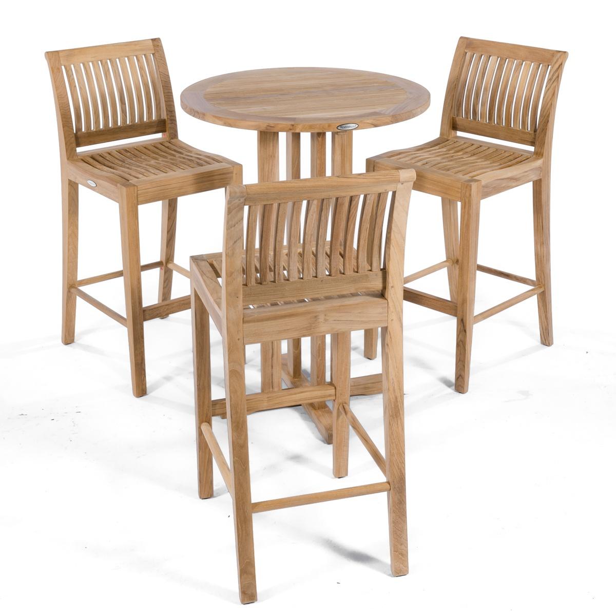 70503 Laguna Pub Set showing 3 barstools around teak bar table aerial angle view on white background