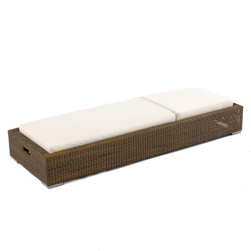 alt="70656 Malaga double synthetic wicker chaise with cushion backrest reclined flat angled left on white background"
