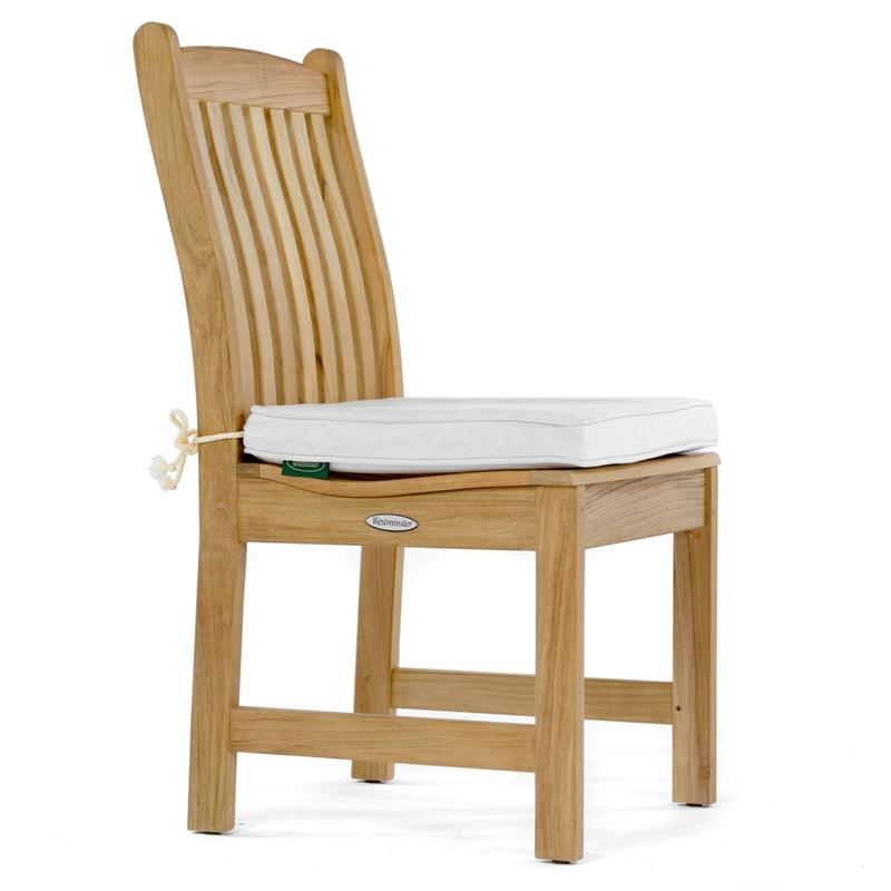 alt="11315 Veranda Teak Dining Chair with optional canvas color cushion in angled side view on white background"