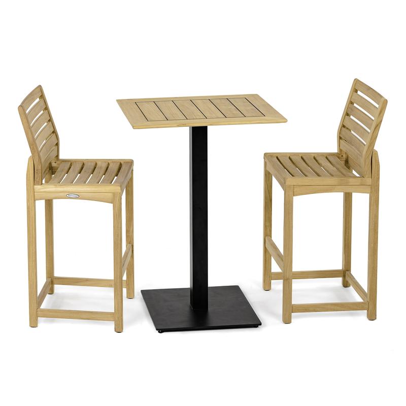 alt="70643 Vogue Somerset 3 pc Barstool Bar Set of Vogue Rectangular teak Table Top on Black Table Base and 2 Somerset Side Barstools angled on white background"