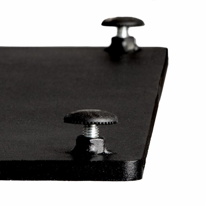 alt="FSB21SH 28 inch Dining Height Black Steel Table Base closeup of levelers on white background "