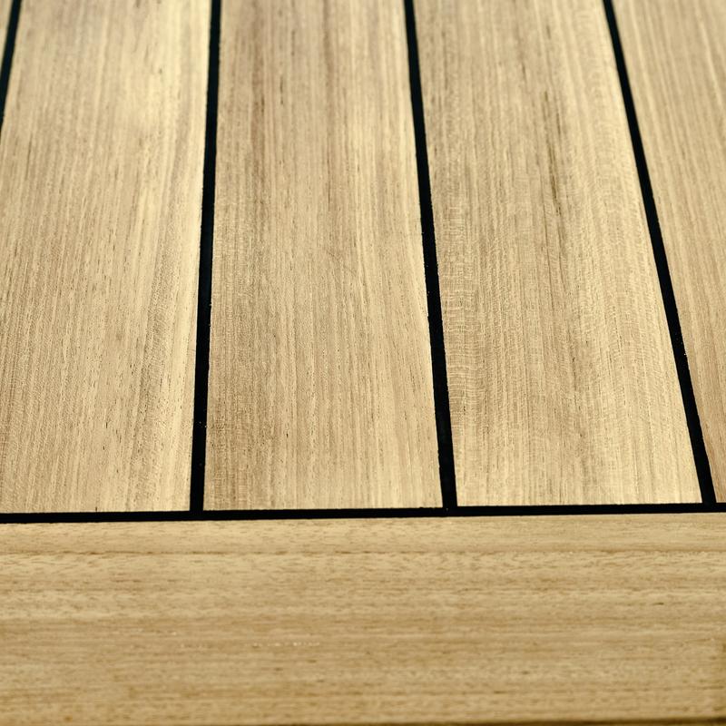 alt="70679 Vogue 24 inch square Table showing closeup of sikaflex sealant between the table top teak slats on white background"