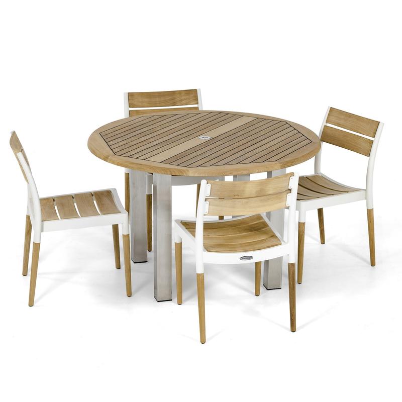 alt="70622 Vogue Bloom teak and powder coated aluminum Dining Set angled aerial view on white background"