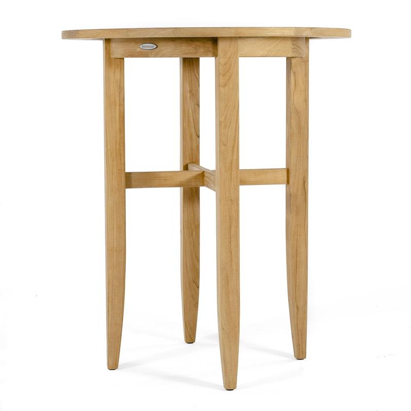 alt="15817 Laguna 36 inch Round Teak Bar Table side profile view on white background"