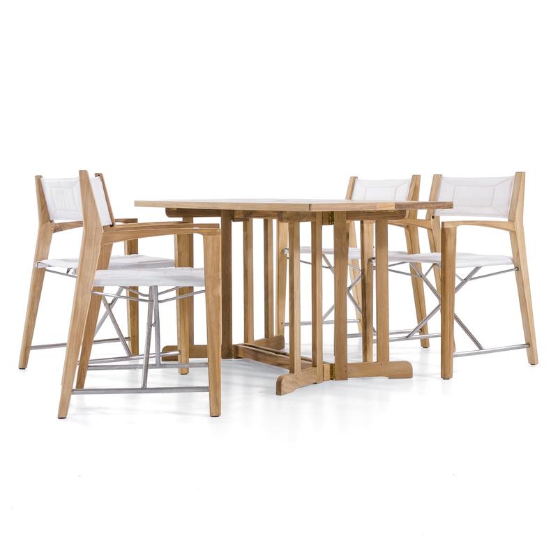 alt="70476 Odyssey 5 piece Outdoor Dining Set of 4 folding director chairs and 5 foot rectangular teak dining table side view on white background"