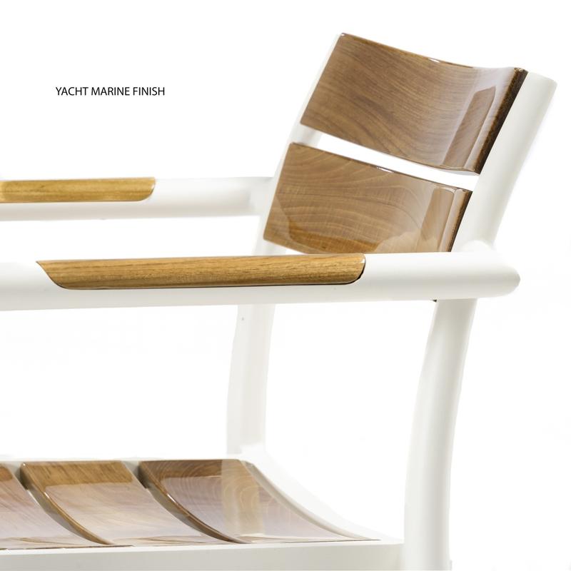 alt="22916 Bloom Dining Chair closeup view of powder coated armrest with marine gloss finish on teak on white background"