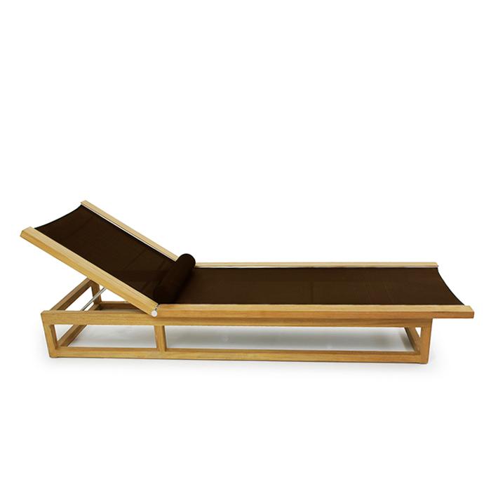 alt="16771 Maya teak Chaise Lounger in tobacco Textilene mesh fabric and bolster cushion side view on white background"