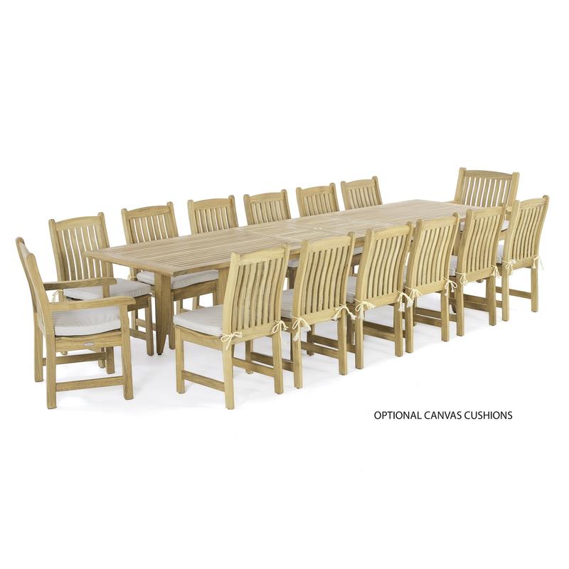 alt="70771 Grand Laguna Veranda 15 piece teak Dining Set of 2 Veranda Armchairs and 10 Veranda Side Chairs with optional cushions and Rectangular Dining Table on white background"