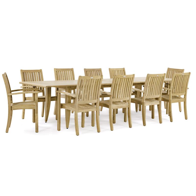 alt="70812 Laguna Sussex teak 11 piece Dining Set of 10 teak armchairs and teak 11 foot extendable dining table side view on white background"