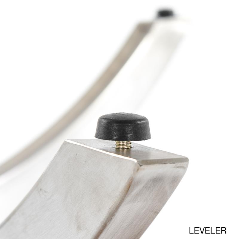 alt="25313 Vogue Square Teak and Stainless Steel Table bottom leg showing leveler on white background"