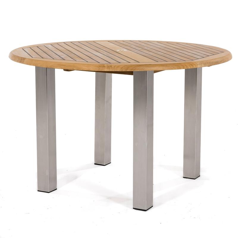 alt="25013 Vogue Teak and Stainless Steel 4 foot Round Dining Table angled side view on white background"