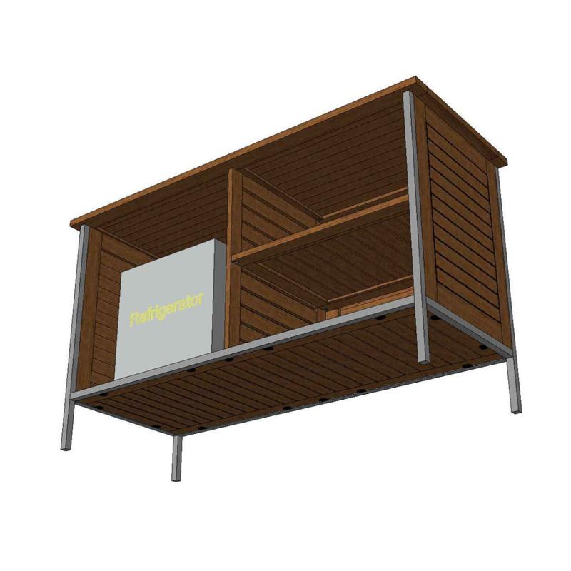 alt="28226 Vogue Teak and Stainless Steel Beverage Console angled bottom view showing space for a beverage refrigerator on white background"