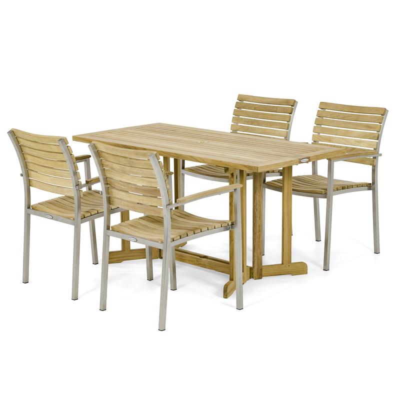 alt="70606 Vogue Nevis 5 piece teak and stainless steel dining set of 4 teak and stainless steel side chairs and teak rectangular dining table angled side view on white background"
