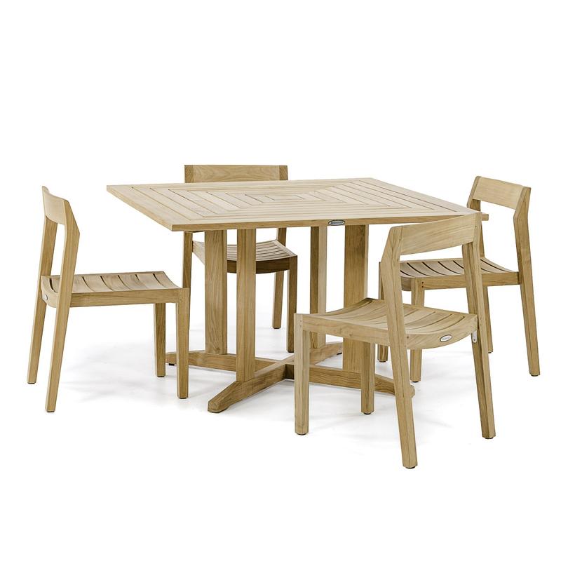 alt="70710 Horizon Pyramid 5 piece Dining Set of 4 teak side chairs and 48 inch square dining table angled side view on white background"