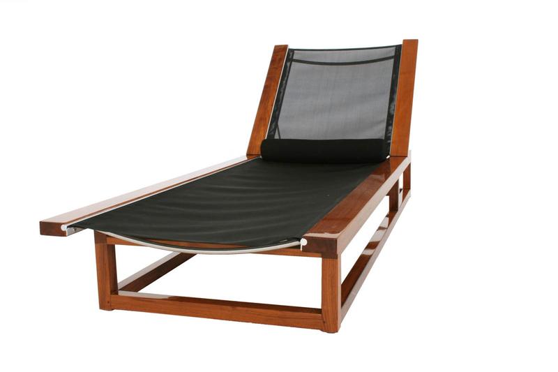alt="16771 Maya teak Chaise Lounger in black Textilene mesh fabric and bolster cushion front view backrest upright in our marine gloss finish on a white background "