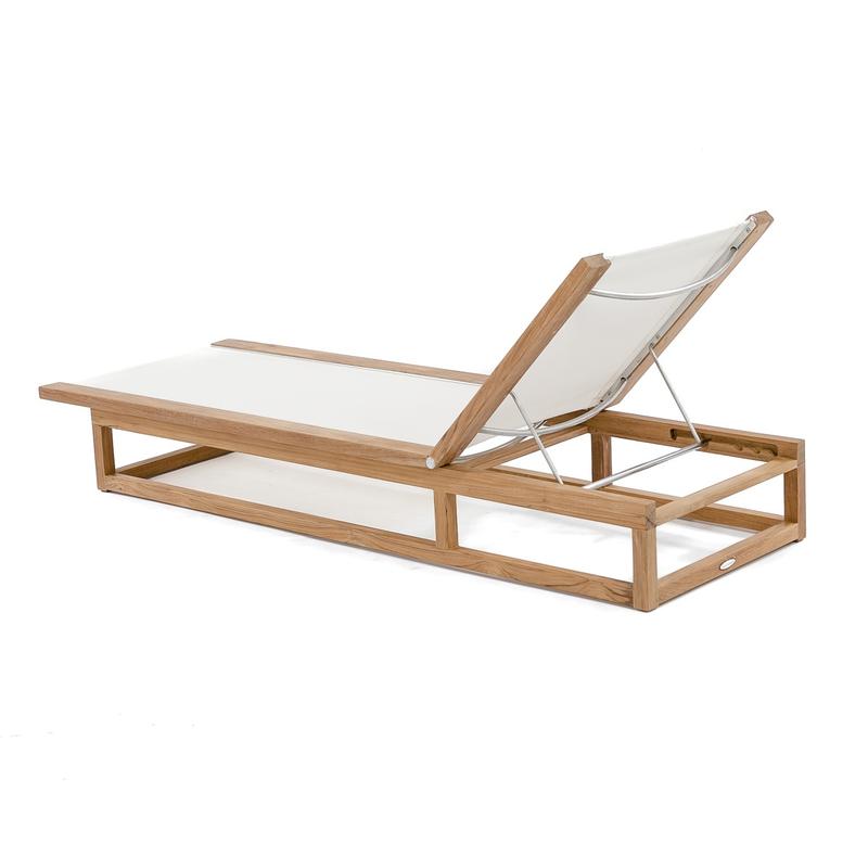 alt="16771 Maya teak Sling Lounger in white textilene mesh fabric showing  back rest in an upright position angled side view on white background"