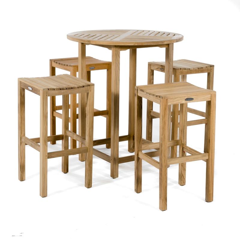 alt="70083 Somerset 5 piece Backless Bar Set of 4 teak backless bar stools and a 36 inch round teak bar table on white background"