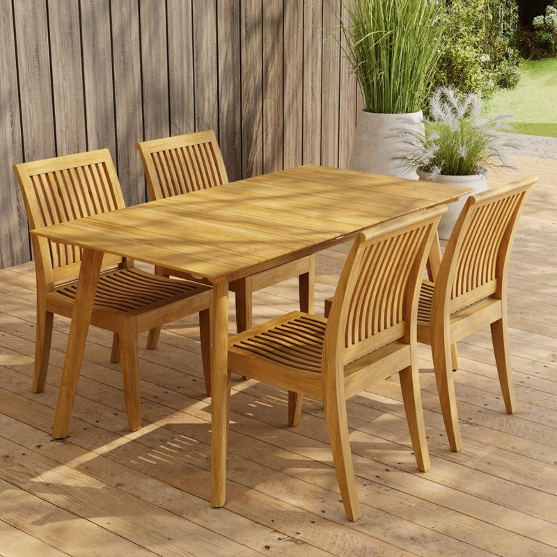 alt="70571 Surf Laguna 5 pc Teak Dining Set of Surf Teak Rectangular Table and 4 Laguna Side Chairs on wood deck in front of a privacy wall and 2 potted plants and lawn in background"