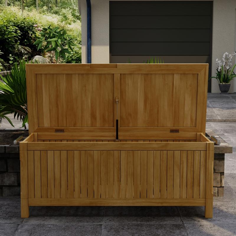 alt="18203 somerset rectangular storage box in front view with open lid on deck with house and landscape plants in background"
