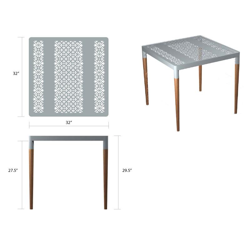 alt="70614 Bloom 32 inch square teak and powder coated aluminum dining table autocad of side and top views of table on white background"