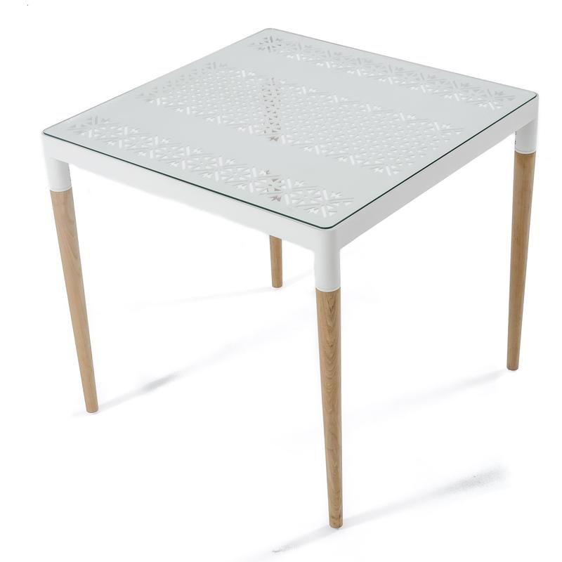 alt="70614 Bloom 32 inch square teak and powder coated aluminum dining table angled corner view on white background"