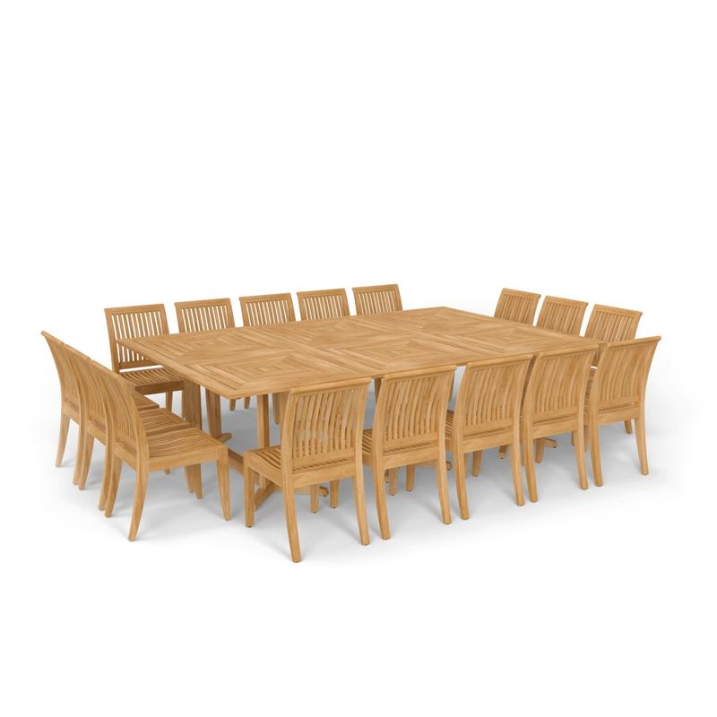 alt="70288 Pyramid Teak Dining Set for 16 showing 3 Pyramid 72 inch Rectangular Dining Tables and 16 Laguna Teak Side Chairs in angled side view on white background"