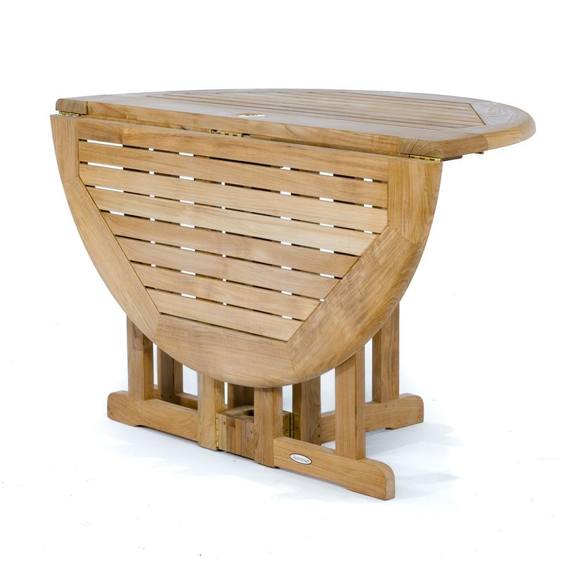 alt="70473 Odyssey Barbuda teak 48 inch diameter folding dining table showing half folded on white background"