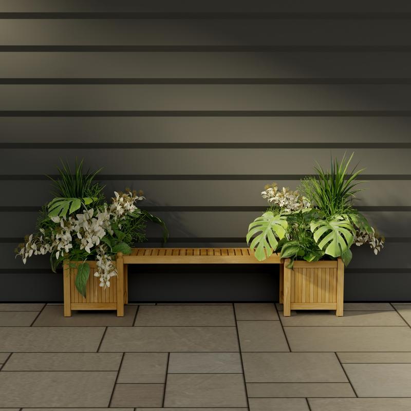 alt="70530 Single Planter Bench Set of 2 planters filled with plants and 1 seat panel front view on stone patio with a house wall in background"