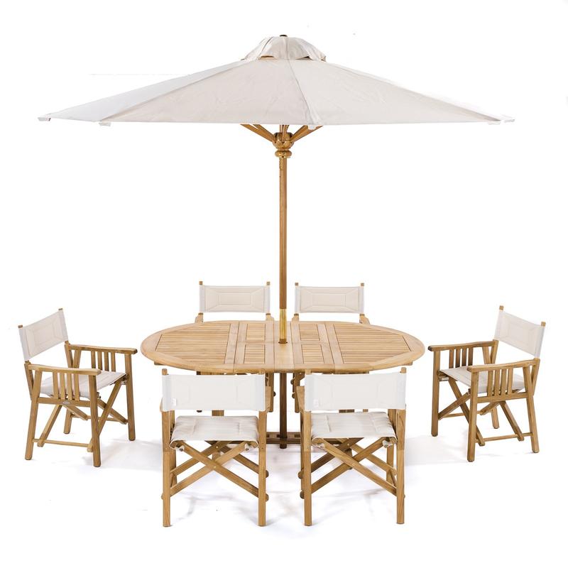 alt="70079 Director Chair 7 piece Oval Dining Set side view with optional open market umbrella in table on white background"