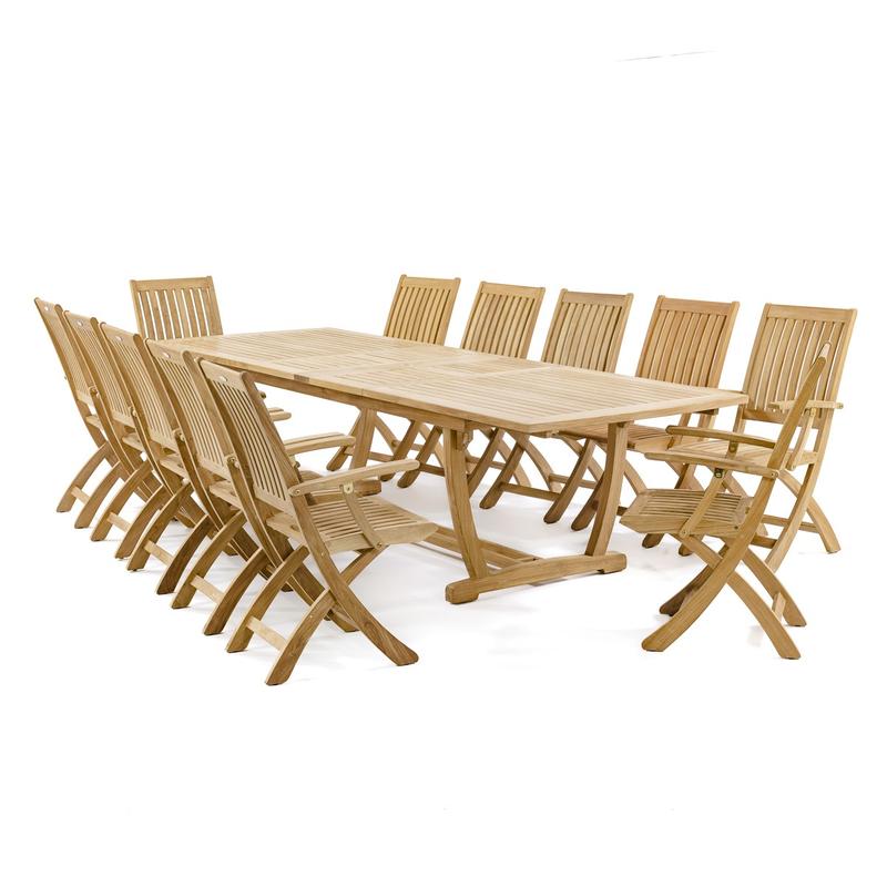 alt="70095 Barbuda Teak 13 pc Patio Set with a 10 foot rectangular extension table end angled and 12 folding reclining armchairs on white background"