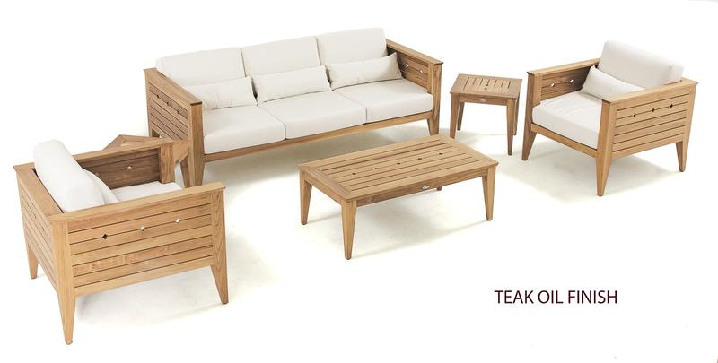 alt="teak outdoor couch with end tables"