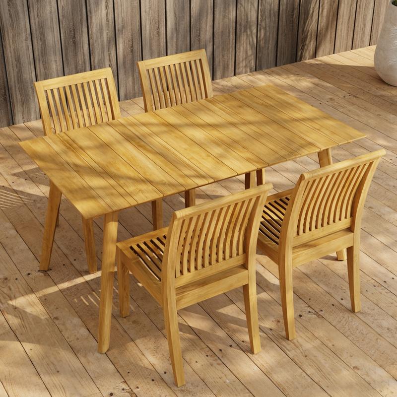 alt="70571 Surf Laguna 5 pc Teak Dining Set of Surf Teak Rectangular Table and 4 Laguna Side Chairs angled aerial view on wood deck and a privacy wall in the background"
