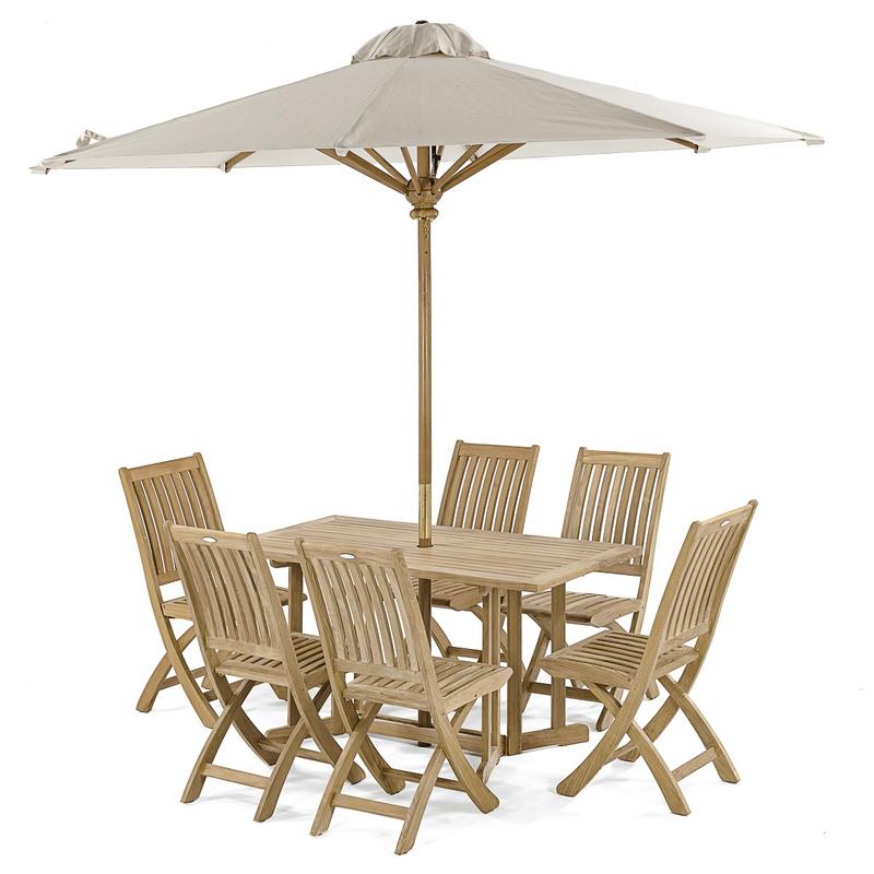 alt=" 70039 Nevis Barbuda 7 piece Dining Set of 6 teak folding side chairs and a folding 5 foot long rectangular dining table with optional market umbrella opened angled view on white background"