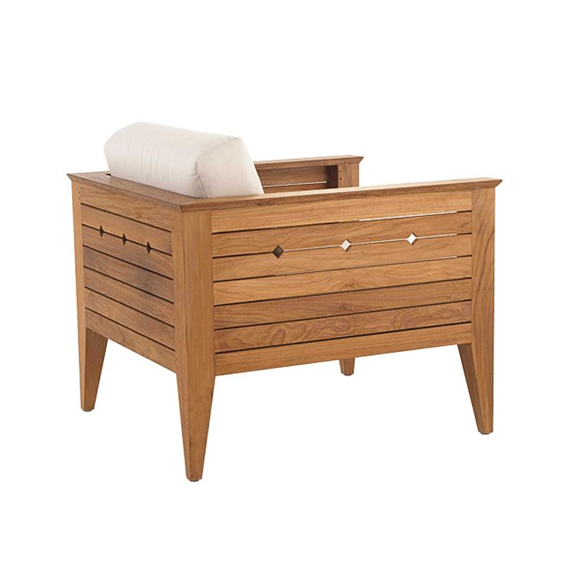 alt="12160dp Craftsman teak armchair with cushion side angled view on white background"