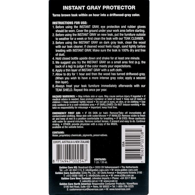 alt="30105 Golden Care Instant Grey label showing instructions on back of bottle on white background"