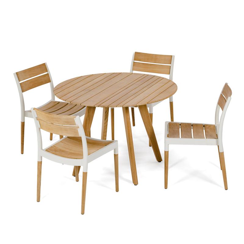 alt="70542 Bloom Surf Dining Set for 4 showing Surf 42 inch round teak dining table and 4 Bloom teak and powder coated aluminum side chairs angled on white background"